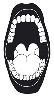 Black And White Illustration Gallery: Black and white digital illustration of open mouth showing white teeth, tongue, and back of throat