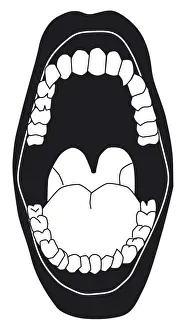 In A Row Prints: Black and white digital illustration of open mouth showing white teeth