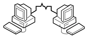 Desktop Pc Prints: Black and white digital illustration of two PCs connected wireless network system