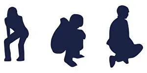 Black and white digital illustration of people in crouching positions
