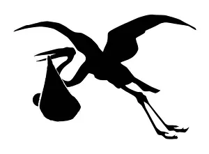 Stork Prints: Black and white digital illustration of stork flying with baby bundle held in beak