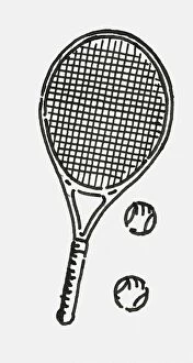 Images Dated 14th July 2009: Black and white digital illustration of tennis racquet and two tennis balls