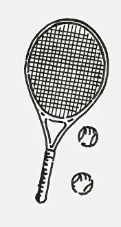 Three Objects Prints: Black and white digital illustration of tennis racquet and two tennis balls
