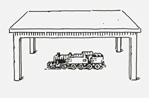 Below Prints: Black and white digital illustration of toy steam train below table