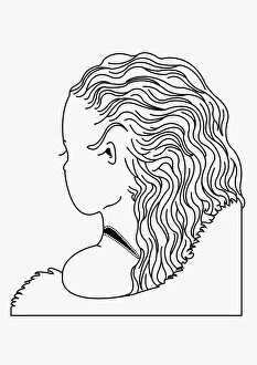 Black and white digital illustration of young girl with long wavy hair