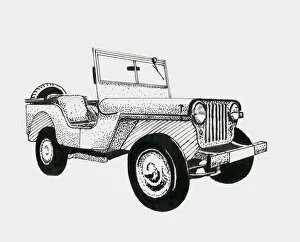 Black and white illustration of 1950s jeep