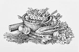 Black and white illustration of abundance of salad vegetables, wooden salad bowl and servers
