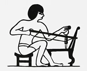 Images Dated 2nd June 2010: Black and white illustration of ancient Egyptian using awl and bow drill on a plank of wood