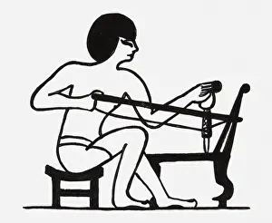 Craftsperson Prints: Black and white illustration of ancient Egyptian using awl and bow drill on a plank of wood