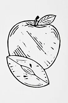 Black and white illustration of apple and apple slice