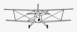 Aerospace Industry Prints: Black and white illustration of biplane propeller aircraft