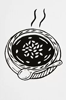 Images Dated 18th July 2007: Black and white illustration of bowl of hot soup garnished with seeds, and a spoon