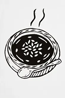 Spoon Prints: Black and white illustration of bowl of hot soup garnished with seeds, and a spoon