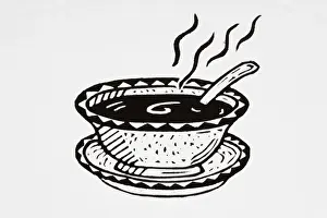 Lunch Prints: Black and white illustration of bowl of hot soup with spoon