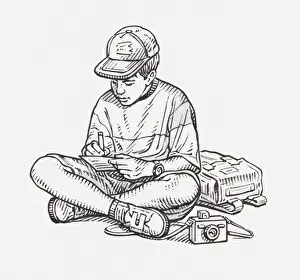 Boys Prints: Black and white illustration of a boy sitting cross-legged on the floor and making notes
