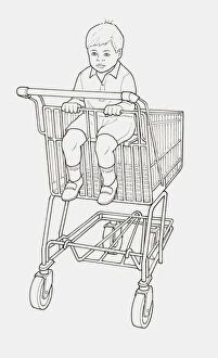 Images Dated 22nd January 2010: Black and white illustration of boy sitting in supermarket trolley
