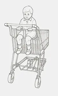 Shopping Prints: Black and white illustration of boy sitting in supermarket trolley