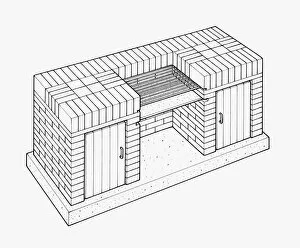 Images Dated 28th September 2009: Black and white illustration of brick built barbecue with grill and storage cupboards