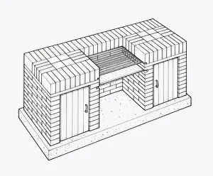 Brick Prints: Black and white illustration of brick built barbecue with grill and storage cupboards