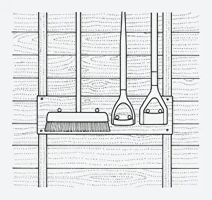 Neat Prints: Black and white illustration of broom and hoes hanging on tool rack in shed
