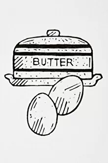 Images Dated 17th July 2007: Black and white illustration of butter dish and two eggs