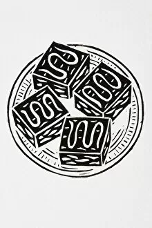 Black and white illustration of four cakes on a plate