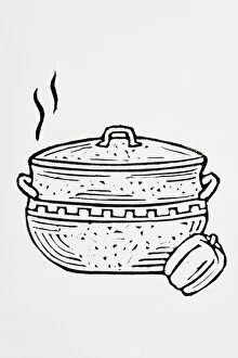 Black and white illustration of casserole and bell pepper