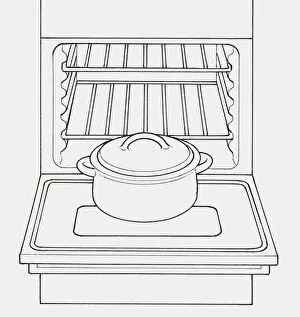 Images Dated 8th December 2009: Black and white illustration of casserole dish in front of open oven