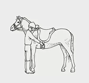 Black and white illustration of child preparing to get on horse