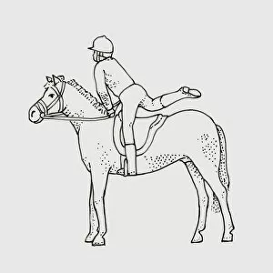 Images Dated 13th July 2009: Black and white illustration of child swinging leg over back of horse