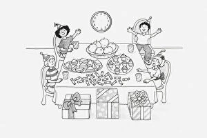 Food And Drink Gallery: Black and white Illustration of children sitting around a table at birthday party