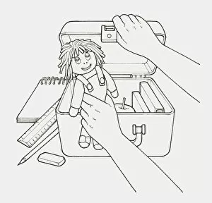 Images Dated 26th February 2010: Black and white illustration of childs hand holding doll next to open case filled with books