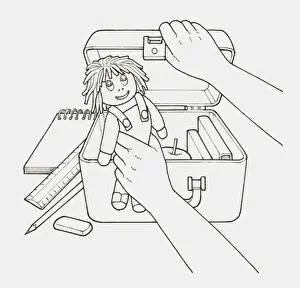 Doll Prints: Black and white illustration of childs hand holding doll next to open case filled with books and an apple