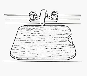 Black and white illustration of chopping board covering kitchen sink to create workspace