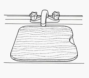 Domestic Kitchen Prints: Black and white illustration of chopping board covering kitchen sink to create workspace