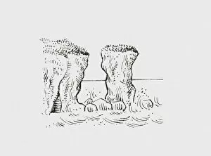 Black and white illustration of coastal stack