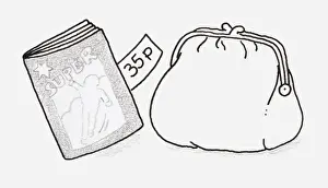 Purse Prints: Black and white illustration of a comic book with a price tag sticking out