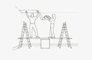 Black and white illustration of couple hanging wallpaper