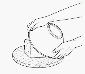Images Dated 1st October 2009: Black and white illustration of covering loaf on chopping board with bowl to retain freshness