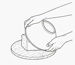 Preparing Food Prints: Black and white illustration of covering loaf on chopping board with bowl to retain freshness