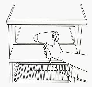 Black and white illustration of defrosting refrigerator freezer compartment using hair dryer