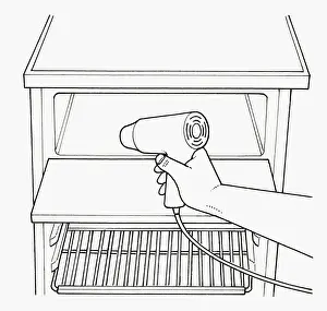 Hair Dryer Prints: Black and white illustration of defrosting refrigerator freezer compartment using hair dryer