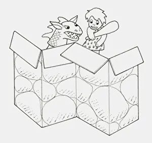 Theatre Prints: Black and white illustration of dragon and stone age girl hand puppets behind a cardboard screen