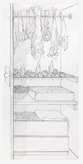 Preserve Collection: Black and white illustration of dried flowers stored in a cupboard