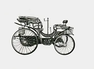 Cylinder Prints: Black and white illustration of early Peugeot twin cylinder car