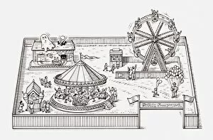 Incidental People Collection: Black and white illustration of a fairground