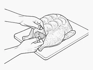 Images Dated 1st October 2009: Black and white illustration of flavouring raw chicken with slices of lemon positioned below breast