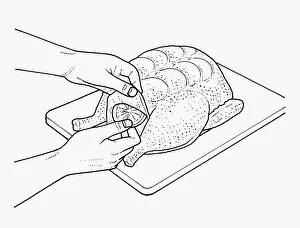 Lemon Fruit Prints: Black and white illustration of flavouring raw chicken with slices of lemon positioned below breast