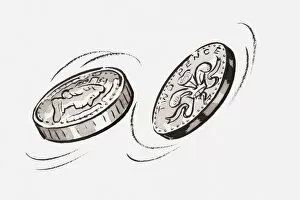 Images Dated 14th April 2010: Black and white illustration of flipped coins