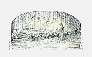 Black and white illustration of Florence Nightingale walking with lamp near beds of injured Soldiers Hospital Collection: Black and white illustration of Florence Nightingale walking with lamp near beds of injured Soldiers
